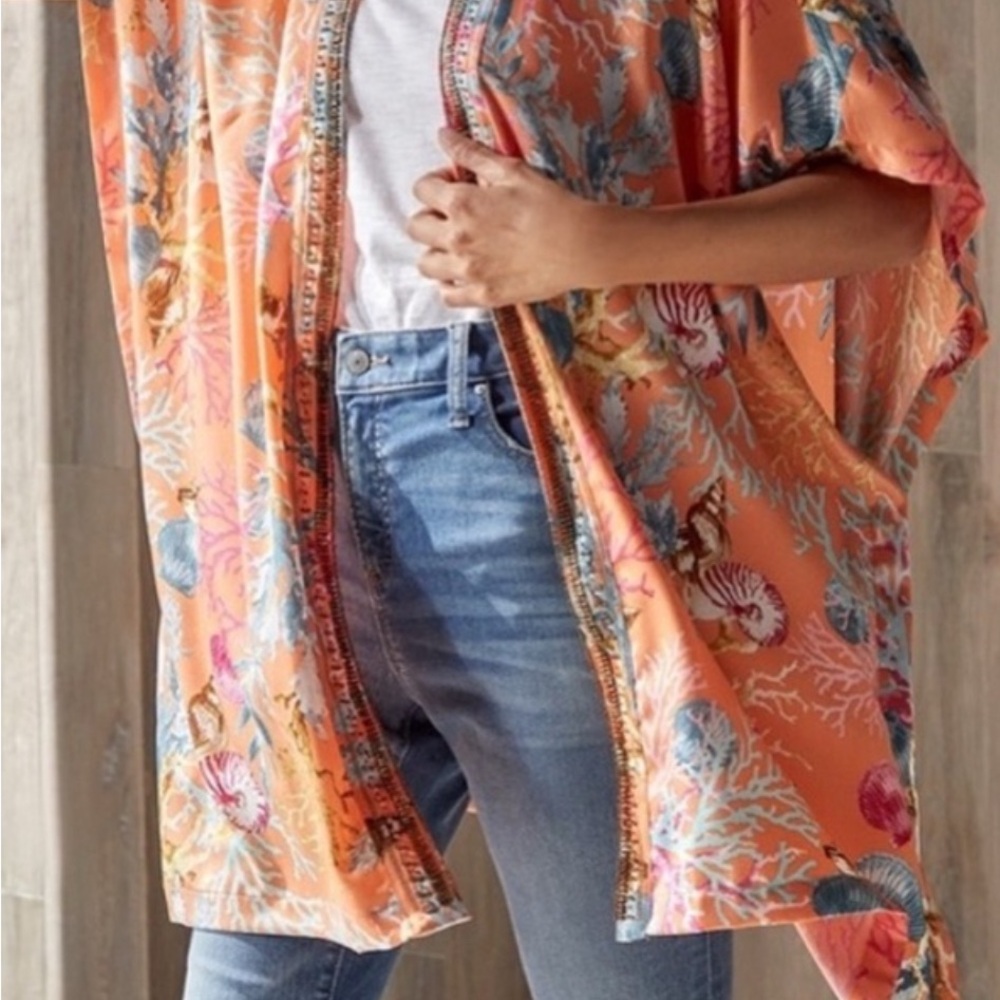 Chicos Coral Reef Kimono Shirt Embellished Womens Size S/M